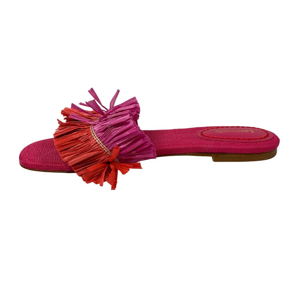 NEW Larroude Raffia Pink Orange Color Block Fringe Round Toe Flats Slides Sz 7